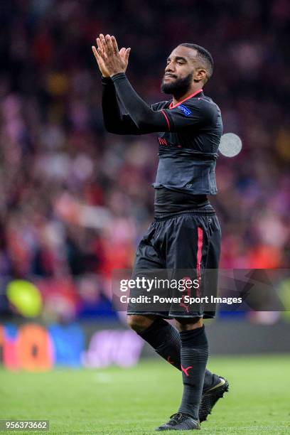 Alexandre Lacazette of Arsenal FC reacts after the UEFA Europa League 2017-18 semi-finals match between Atletico de Madrid and Arsenal FC at Wanda...