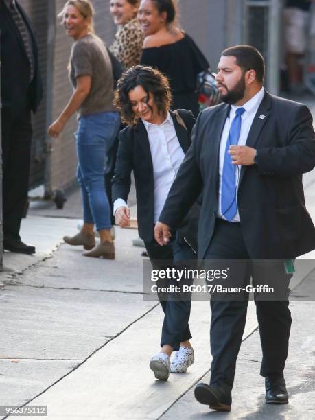 Sara Gilbert is seen arriving at 'Jimmy Kimmel Live' on May 08, 2018 in Los Angeles, California.