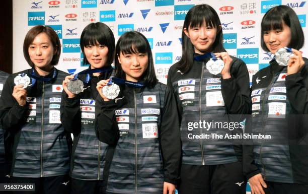 Kasumi Ishikawa, Miu Hirano, Mima Ito, Hina Hayata and Miyu Nagasaki of Japan Women's table tennis team pose for photographs during a press...