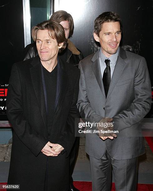 Actors Willem Dafoe and Ethan Hawke attend the premiere of "Daybreakers" at the SVA Theater on January 7, 2010 in New York City.