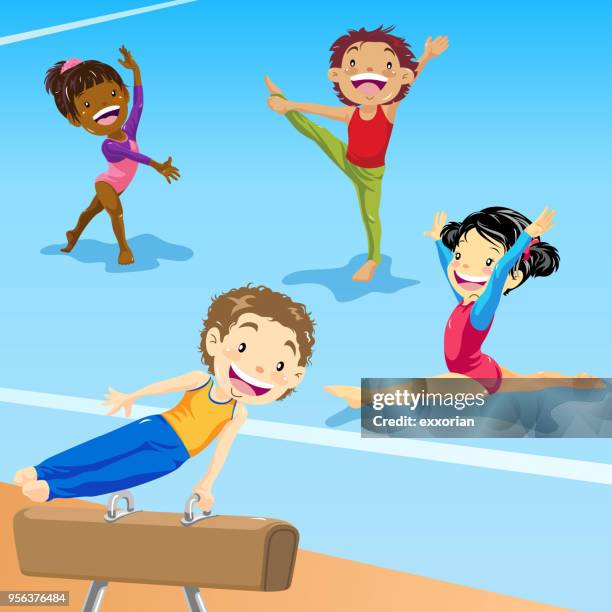 Niñas gimnastas de dibujos animados niños haciendo ejercicio con