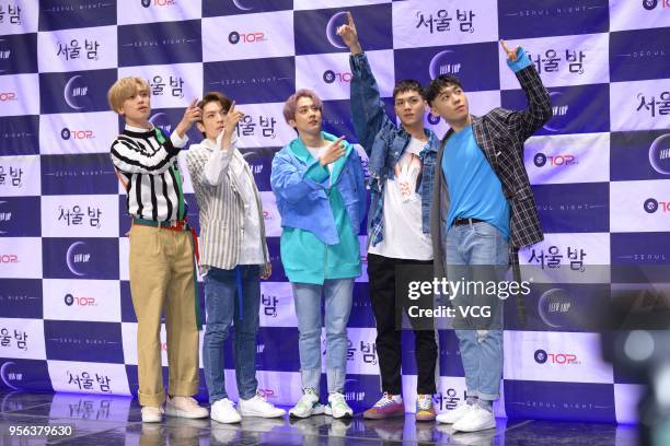 Members Niel, Ricky, Chunji, C.A.P and Changjo of South Korean boy band Teen Top attend the showcase of mini album 'Seoul Night' at SAC art center on...