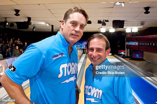 Jack Del Rio, head coach of the Jacksonville Jaguars, and PBA player Norm Duke pose at the PBA celebrity bowling fundraiser at Riverboat Lanes on...