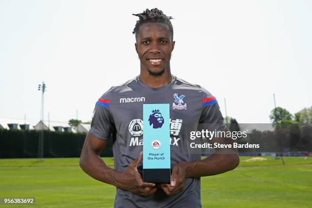 Wilfried Zaha of Crystal Palace is awarded with the EA SPORTS Player of the Month for April on May 8, 2018 in Beckenham, England.