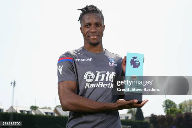 Wilfried Zaha of Crystal Palace is awarded with the EA SPORTS Player of the Month for April on May 8, 2018 in Beckenham, England.