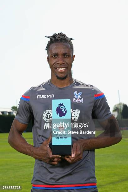 Wilfried Zaha of Crystal Palace is awarded with the EA SPORTS Player of the Month for April on May 8, 2018 in Beckenham, England.