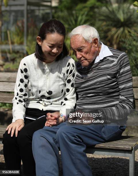 Australian botanist and academic David Goodall, who is 104 years old, chats with Taiwanese actress and television hostess Bowie Tsang during the...