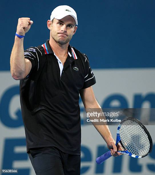 Andy Roddick of the USA celebrates winning his quarter-final match against Richard Gasquet of France during day six of the Brisbane International...