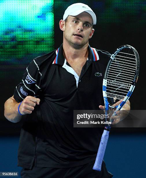 Andy Roddick of the USA celebrates winning the first set in his quarter-final match against Richard Gasquet of France during day six of the Brisbane...