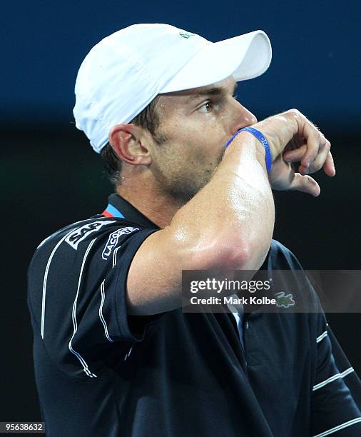 Andy Roddick of the USA reacts after losing a point in his quarter-final match against Richard Gasquet of France during day six of the Brisbane...