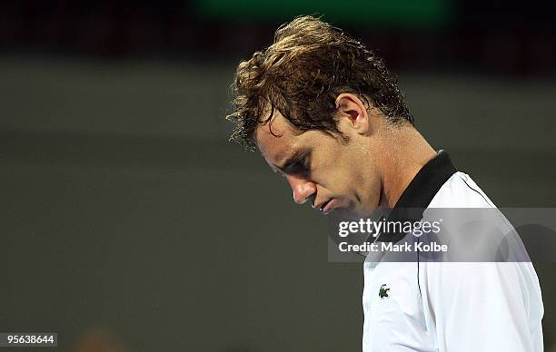 Richard Gasquet of France reacts after losing a point in his quarter-final match against Andy Roddick of the USA during day six of the Brisbane...