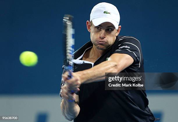 Andy Roddick of the USA plays a backhand in his quarter-final match against Richard Gasquet of France during day six of the Brisbane International...