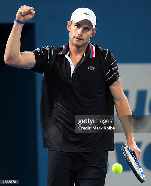 Andy Roddick of the USA celebrates winning his quarter-final match against Richard Gasquet of France during day six of the Brisbane International...