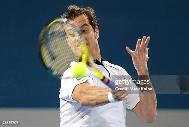 Richard Gasquet of France plays a forehand in his quarter-final match against Andy Roddick of the USA during day six of the Brisbane International...