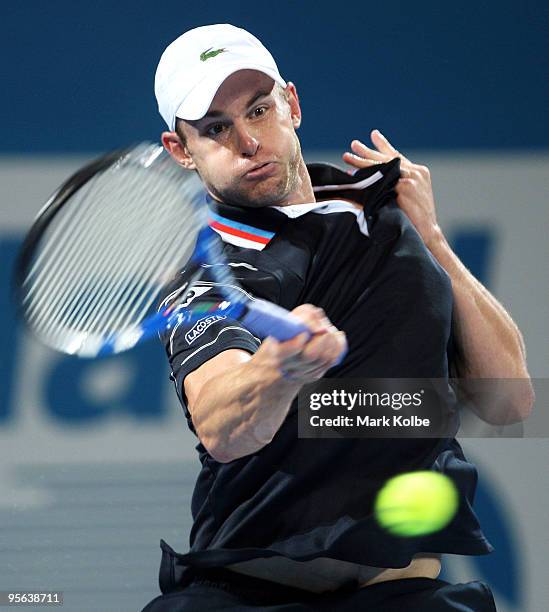 Andy Roddick of the USA plays a forehand in his quarter-final match against Richard Gasquet of France during day six of the Brisbane International...