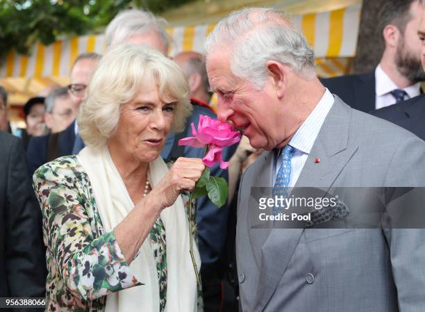 Prince Charles, Prince of Wales smells a rose offered to him by Camilla, Duchess of Cornwall during a visit to Nice Flower Market on May 9, 2018 in...
