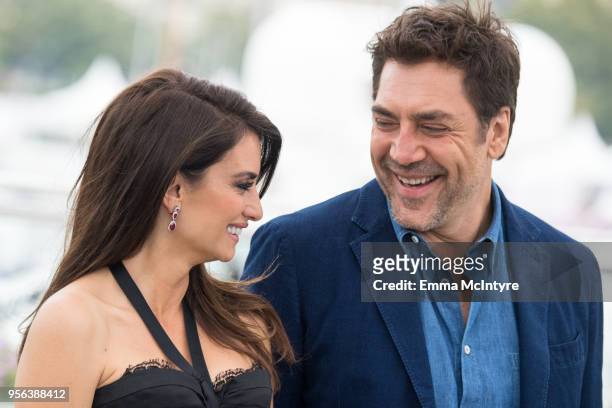 Actress Penelope Cruz, wearing jewels by Atelier Swarovski Fine Jewelry, and Javier Bardem attend the photocall for "Everybody Knows " during the...