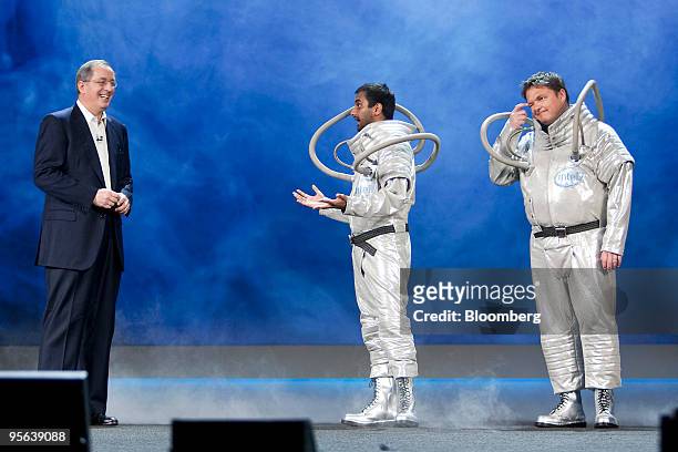 Paul Otellini, chief executive officer of Intel Corp., left, takes part in a skit with Intel Labs workers during the 2010 International Consumer...