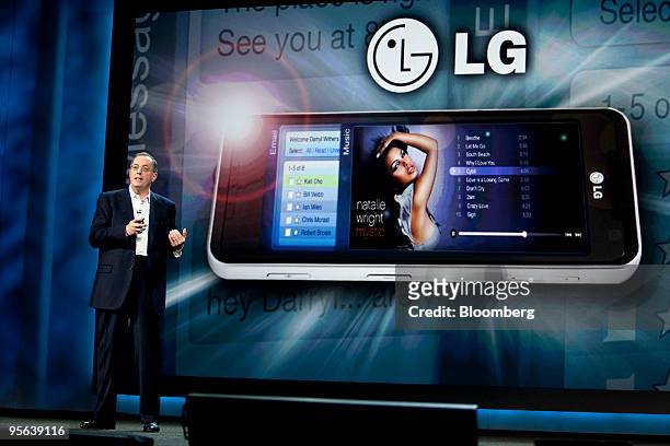Paul Otellini, chief executive officer of Intel Corp., talks about the LG Electronics Co. GW990 mobile internet device , which is powered by the...