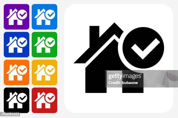 approved house icon square button set - red house stock illustrations