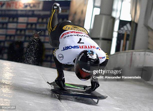 Kerstin Szymkowiak of Germany starts for the final run of FIBT Women's Skeleton World Cup event on January 8, 2010 in Koenigssee, Germany.