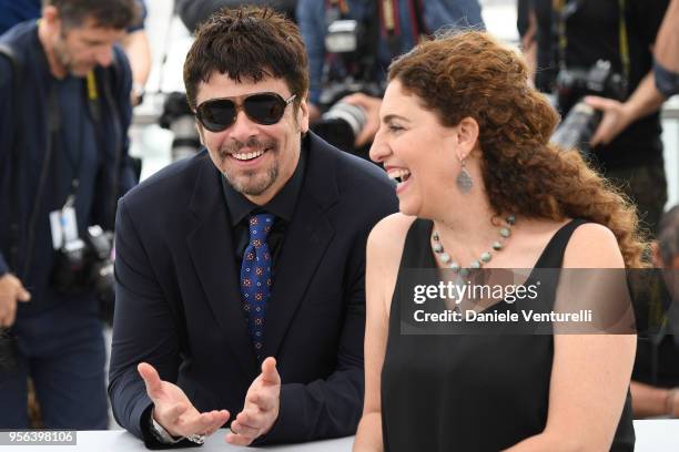 Benicio Del Toro and jury members Annemarie Jacir attend the Jury Un Certain Regard photocall during the 71st annual Cannes Film Festival at Palais...