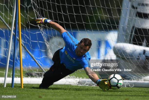 Daniele Padelli of FC Internazionale in action during the FC Internazionale training session at the club's training ground Suning Training Center in...