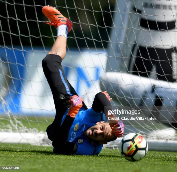 Samir Handanovic of FC Internazionale in action during the FC Internazionale training session at the club's training ground Suning Training Center in...