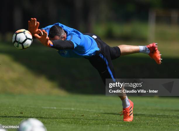 Samir Handanovic of FC Internazionale in action during the FC Internazionale training session at the club's training ground Suning Training Center in...