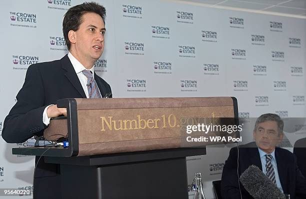 British Energy Secretary Ed Miliband addresses the media during a press conference at Millbank Tower on January 8, 2010 in London, England. Gordon...