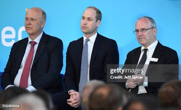 British Transport Secretary Chris Grayling, Prince William, The Duke of Cambridge and Sir Peter Hendy CBE at London Bridge Station on May 9, 2018 in...