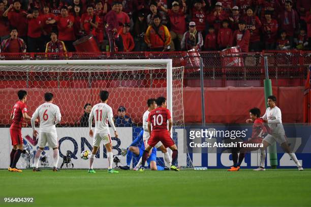 Daigo Nishi of Kashima Antlers scores his side's second goal during the AFC Champions League Round of 16 first leg match between Kashima Antlers and...