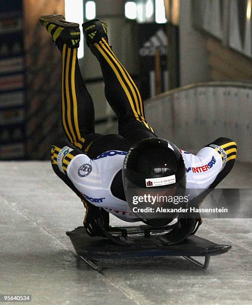 Michi Halilovic of Germany starts at the first run for the FIBT Men's Skeleton World Cup event on January 8, 2010 in Koenigssee, Germany.