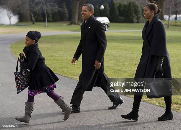 President Barack Obama arrives on the South Lawn of the White House in Washington, DC, with First Lady Michelle Obama and his daughter Sasha upon...