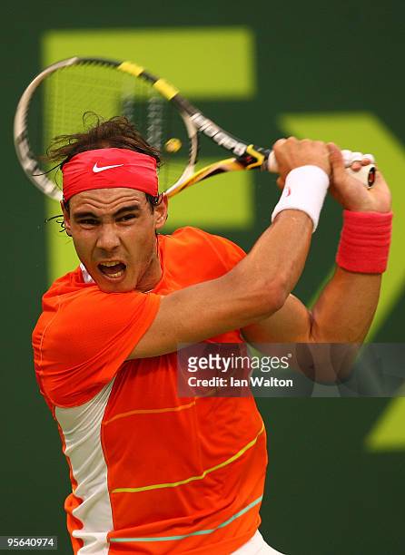 Rafael Nadal of Spain in action against Viktor Troicki of Serbia during the Semi- final match of the ATP Qatar ExxonMobil Open at the Khalifa...