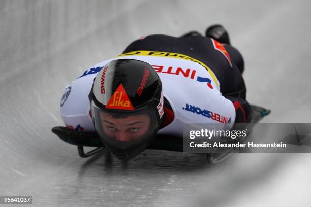 Martins Dukurs of Latvia competes at the final run for the FIBT Men's Skeleton World Cup event on January 8, 2010 in Koenigssee, Germany.