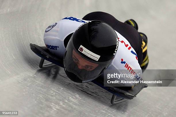 Michi Halilovic of Germany competes at the final run for the FIBT Men's Skeleton World Cup event on January 8, 2010 in Koenigssee, Germany.