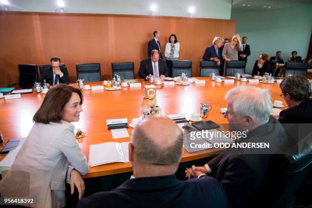 German Justice Minister Katarina Barley speaks with German Interior Minister Horst Seehofer during the weekly cabinet meeting at the Chancellery in...