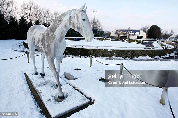 Statue of Desert Orchid stands near the parade ring at the Kempton Park race course as winter race meetings are cancelled due to the snowy conditions...