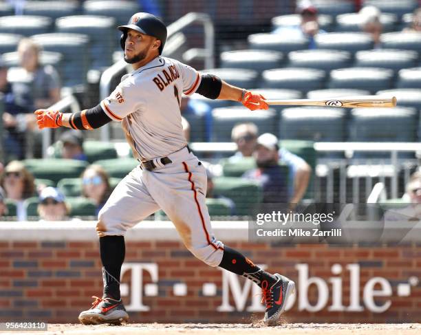 Left fielder Gregor Blanco of the San Francisco Giants swings during the game against the Atlanta Braves at SunTrust Park on May 6, 2018 in Atlanta,...