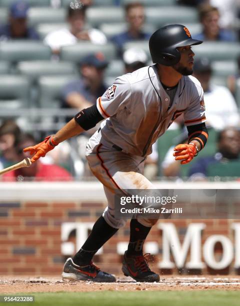 Left fielder Gregor Blanco of the San Francisco Giants swings during the game against the Atlanta Braves at SunTrust Park on May 6, 2018 in Atlanta,...