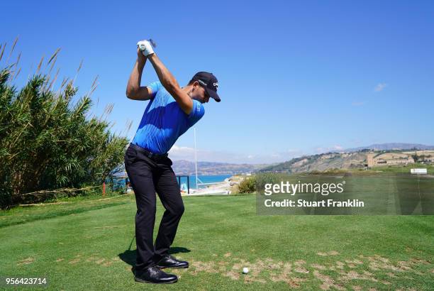 Haydn Porteous of South Africa plays a shot during the pro - am prior to the start of The Rocco Forte Open at the Verdura golf resort on May 9, 2018...