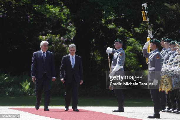 German President Frank-Walter Steinmeier and Columbian President Jose Manuel Santos review a guard of honor upon Santos's arrival at Schloss Bellevue...