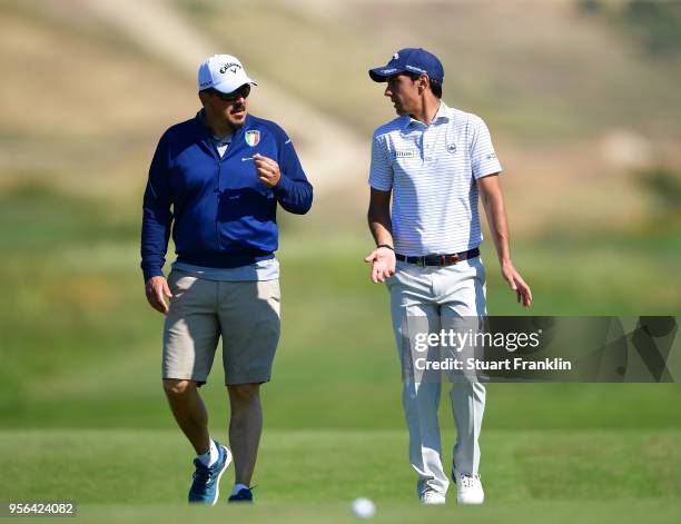 Matteo Manassero of Italy walks during the pro - am prior to the start of The Rocco Forte Open at the Verdura golf resort on May 9, 2018 in Sciacca,...