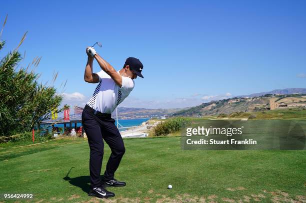 Thorbjorn Olesen of Denmark plays a shot during the pro - am prior to the start of The Rocco Forte Open at the Verdura golf resort on May 9, 2018 in...