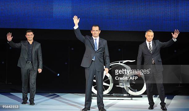 French car maker Peugeot Managing Director Jean-Marc Gales , Marketing and Communication director Xavier Peugeot and Design director Jean-Pierre...