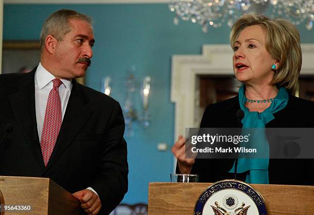Secretary of State Hillary Clinton and Jordanian Foreign Minister Nasser Judeh deliver remarks at the State Department on January 8, 2010 in...