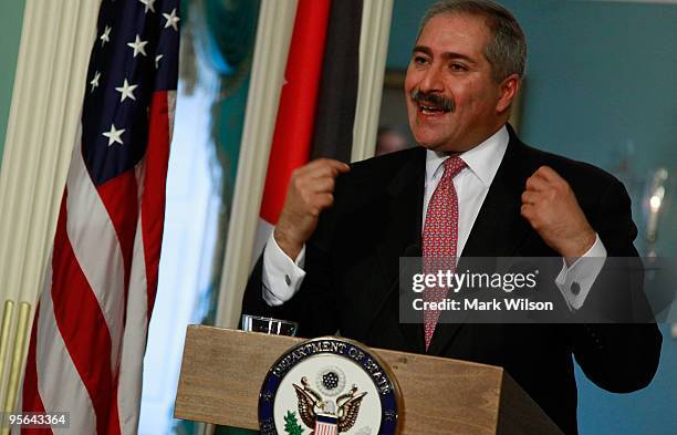 Jordanian Foreign Minister Nasser Judeh delivers remarks with Secretary of State Hillary Clinton at the State Department on January 8, 2010 in...