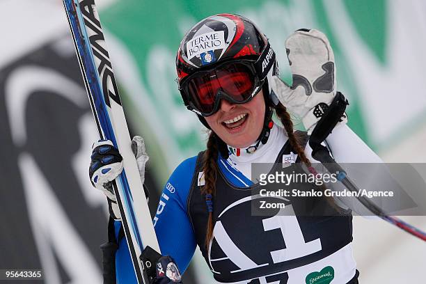 Nadia Fanchini of Italy gestures during the Audi FIS Alpine Ski World Cup Women's Downhill on January 8, 2010 in Haus im Ennstal, Austria.