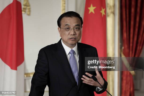 Li Keqiang, China's premier, speaks during a joint news conference following a bilateral summit in Tokyo, Japan, on Wednesday, May 9, 2018. As Shinzo...